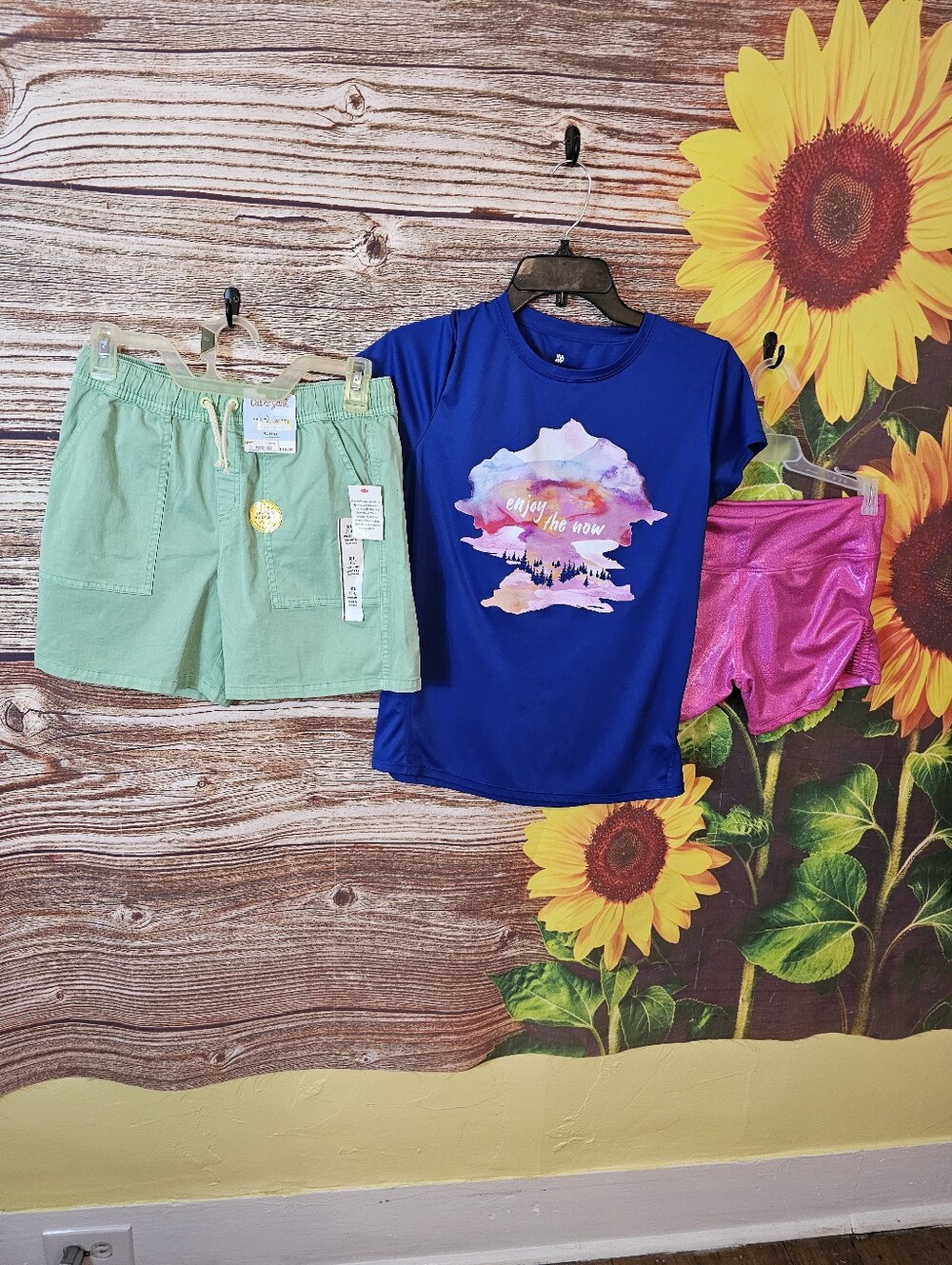 Blue Graphic Tee with Mint Green Shorts and Pink Shimmer Shorts Set